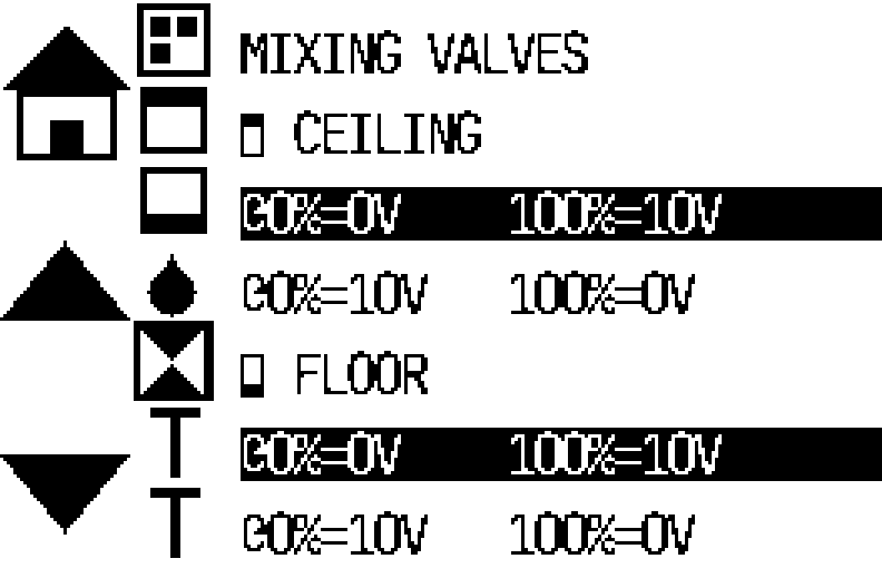Leader thermostat Mixing valves screen. Ceiling and Floor each have a normal 0%=0V, 100%=10V row and a reversed 0%=10V, 100%=0V row.