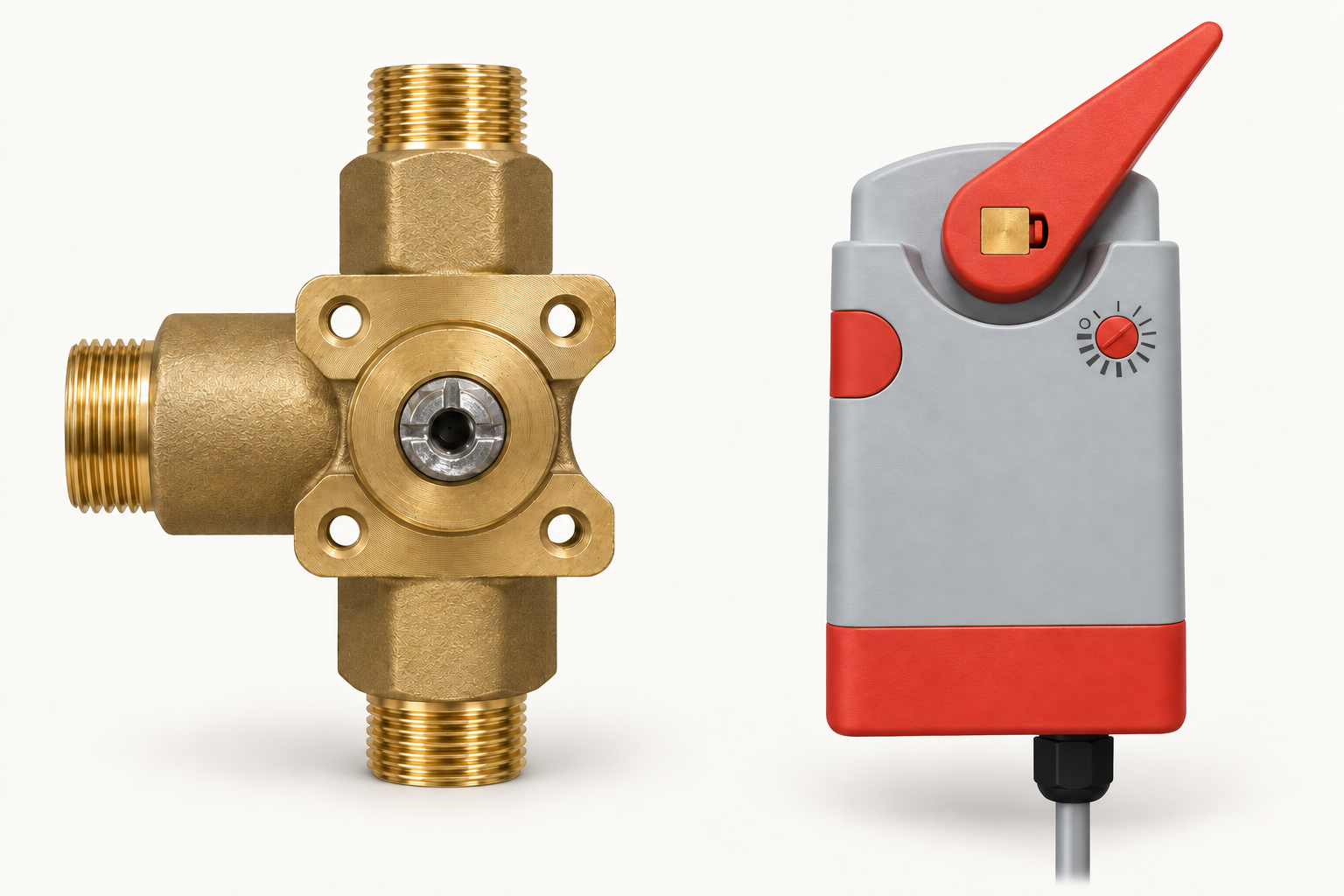 Brass mixing valve with three spindle notches, beside its grey actuator with red manual lever